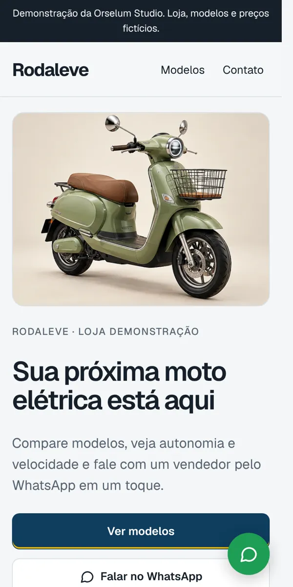 Tela inicial da vitrine, com destaque da loja e botões de modelos e WhatsApp