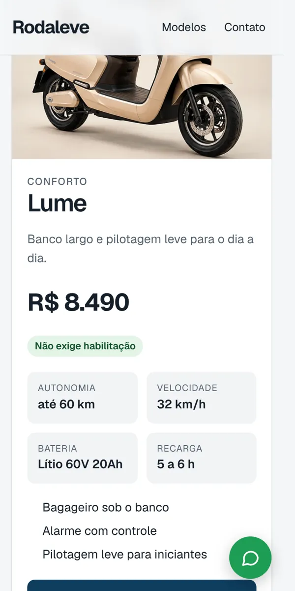 Ficha de um modelo com preço, autonomia, velocidade, bateria e recarga